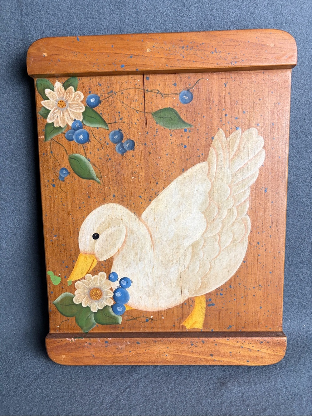 Vintage Cottagecore Hand Painted Wood Goose Wall Decor Floral Folk Art Plaque